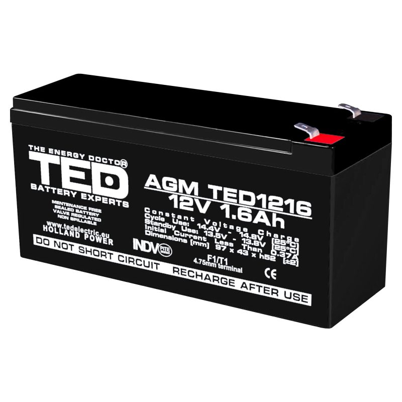 12V 1.6Ah AGM Battery TED1216 - VRLA / Rechargeable - TED Electric