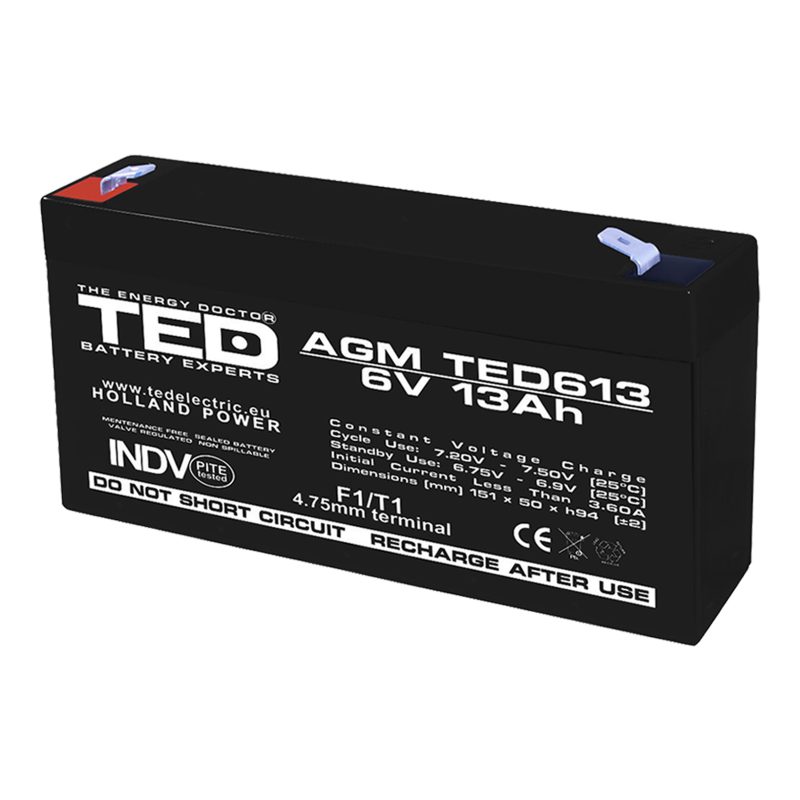 6V 13Ah AGM Battery TED613 - VRLA / Rechargeable - TED Electric