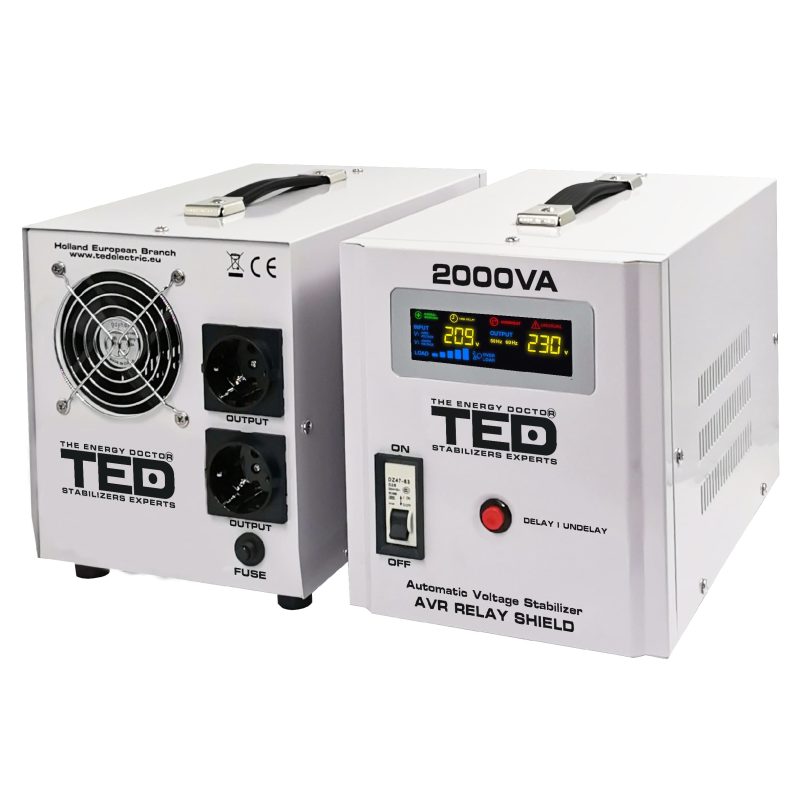 2000VA 1200W AVR Voltage Stabilizer - LCD Display - 2 x Outputs - TED Electric - Image 2