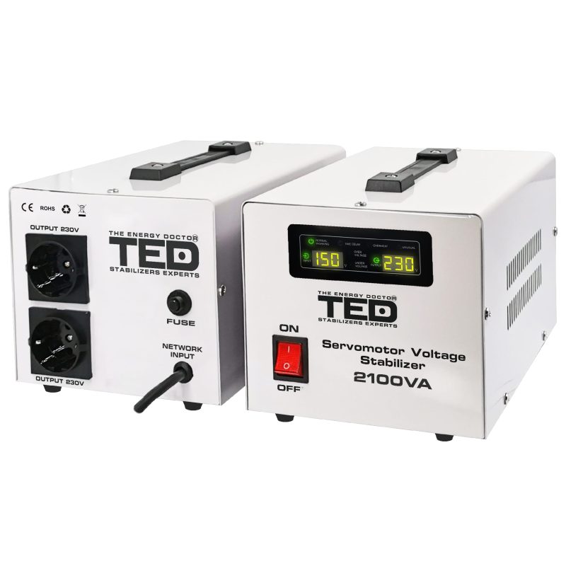 2100VA 1200W Servomotor  Voltage Stabilizer - LCD Display - 2 x Outputs - TED Electric - Image 2