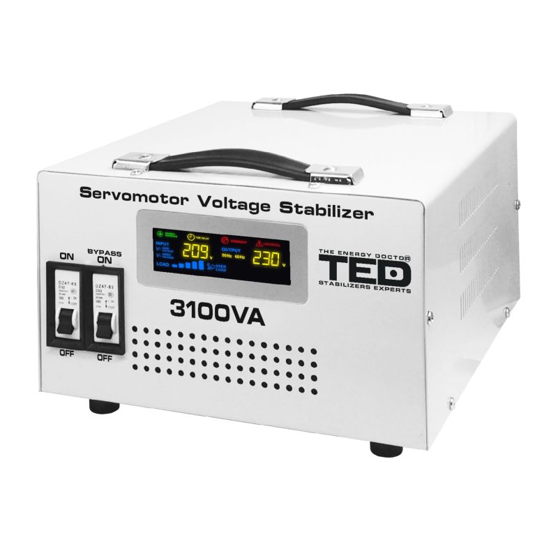 3100VA 1800W Servomotor  Voltage Stabilizer - LCD Display - 3 x Outputs - TED Electric