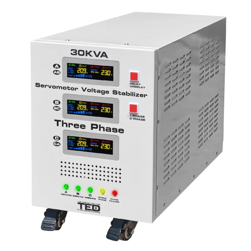 30kVA 24kW 3-Phase Servomotor Voltage Stabilizer - LCD Display - Terminal Block - TED Electric