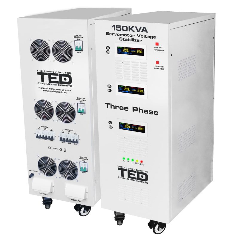 150kVA 106kW 3-Phase Servomotor Voltage Stabilizer - LCD Display - Terminal Block - TED Electric - Image 2