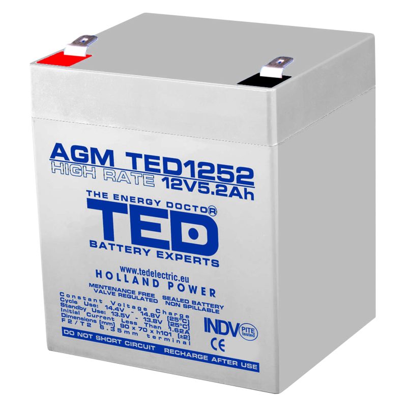 12V 5.2Ah AGM High Rate TED1252 - VRLA / Rechargeable - TED Electric