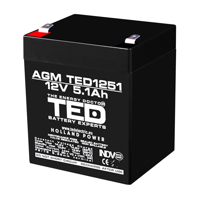 12V 5.1Ah AGM Battery TED1251 - VRLA / Rechargeable - TED Electric