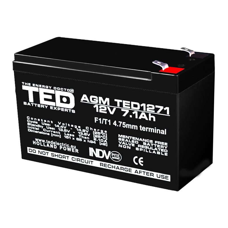 12V 7.1Ah AGM Battery TED1271F2 - VRLA / Rechargeable - TED Electric