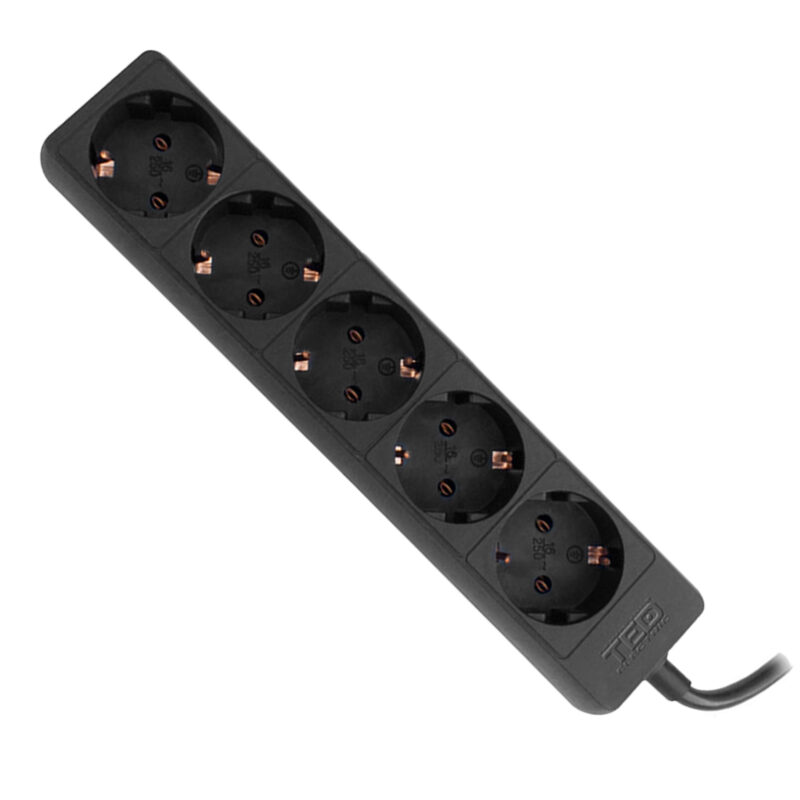 5m 3x1.5mm Standard Power Strip - 5 Outlets / Black - Ted Electric