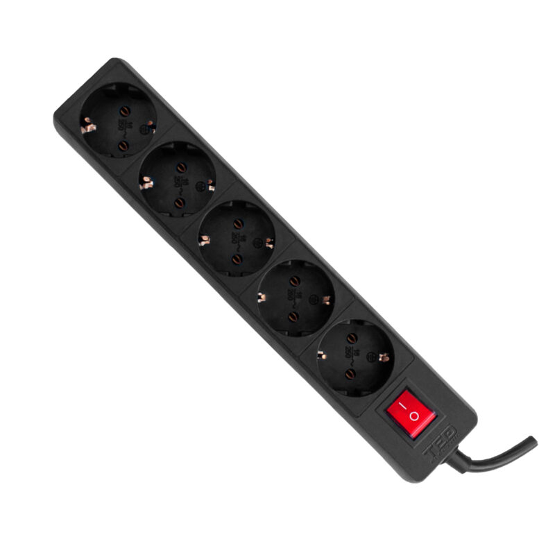 5m 3x1.5mm Switch Power Strip - 5 Outlets / Black - Ted Electric
