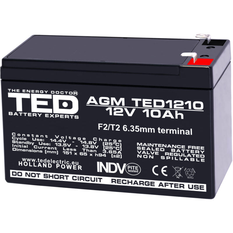 12V 10Ah AGM Battery TED1210 - VRLA / Rechargeable - TED Electric