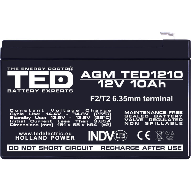 12V 10Ah AGM Battery TED1210 - VRLA / Rechargeable - TED Electric - Image 3