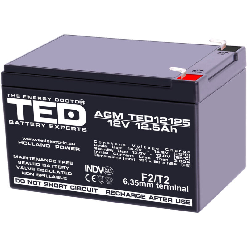 12V 12.5Ah AGM Battery TED12125 - VRLA / Rechargeable - TED Electric