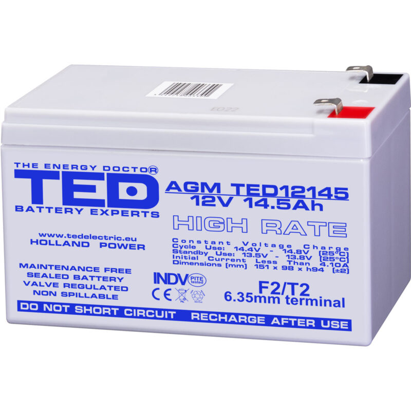 12V 14.5Ah AGM High Rate TED12145 - VRLA / Rechargeable - TED Electric