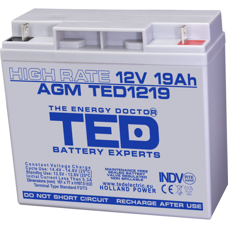 12V 19Ah AGM High Rate TED1219 - VRLA / Rechargeable - TED Electric