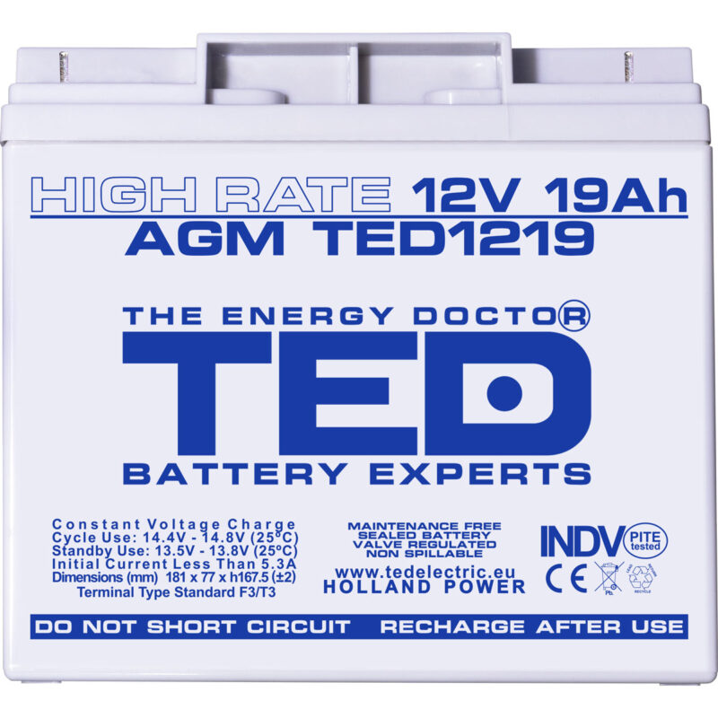 12V 19Ah AGM High Rate TED1219 - VRLA / Rechargeable - TED Electric - Image 3