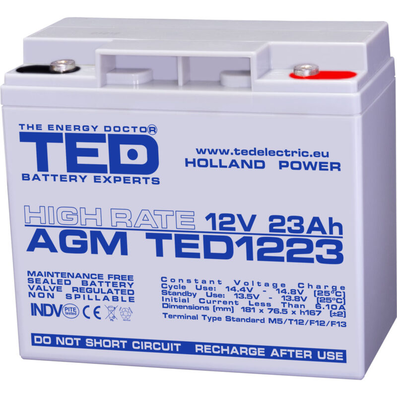 12V 23Ah AGM High Rate TED1223 - VRLA / Rechargeable - TED Electric