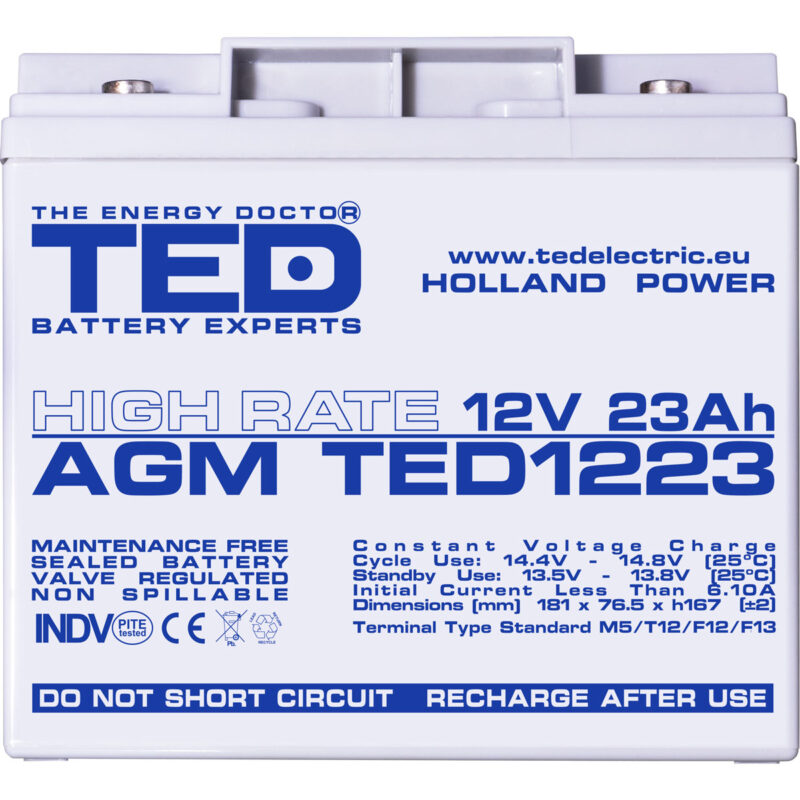 12V 23Ah AGM High Rate TED1223 - VRLA / Rechargeable - TED Electric - Image 3