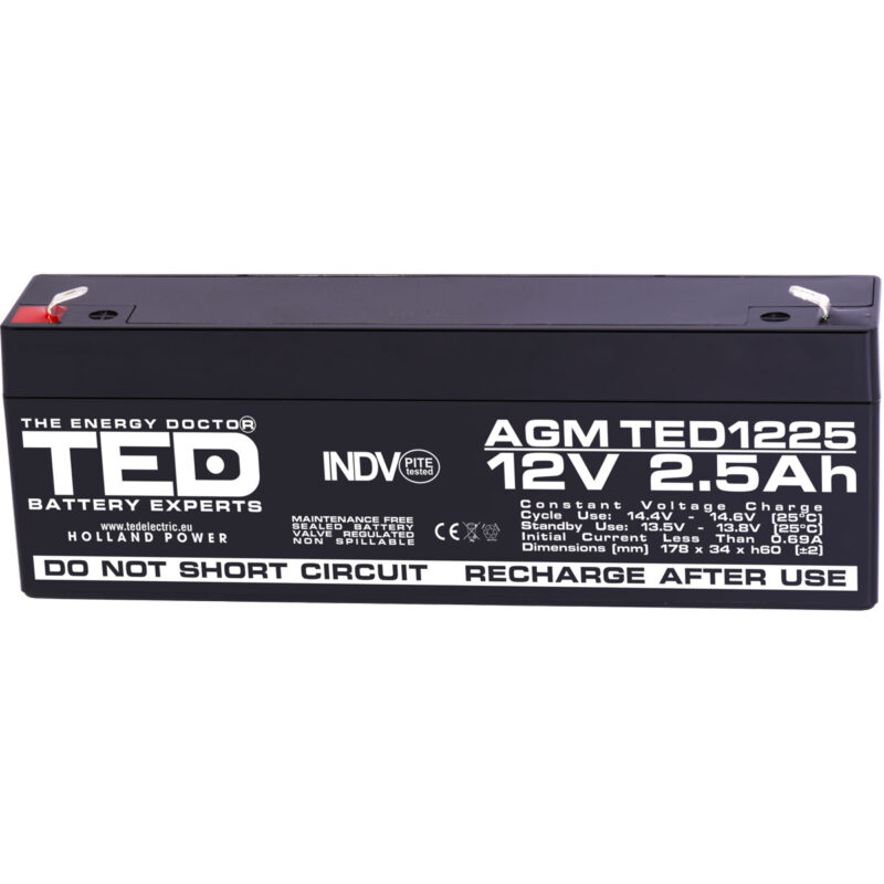 12V 2.5Ah AGM Battery TED1225 - VRLA / Rechargeable - TED Electric