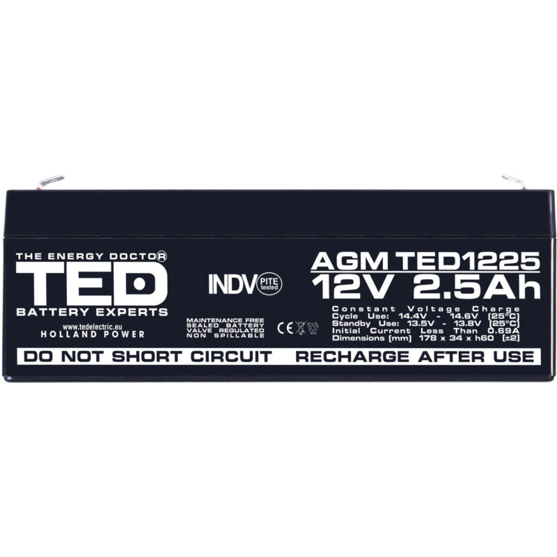 12V 2.5Ah AGM Battery TED1225 - VRLA / Rechargeable - TED Electric - Image 3