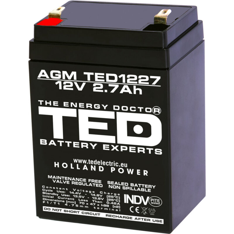 12V 2.7Ah AGM Battery TED1227 - VRLA / Rechargeable - TED Electric
