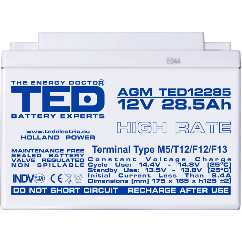 12V 28.5Ah AGM High Rate TED12285 - VRLA / Rechargeable - TED Electric - Image 3