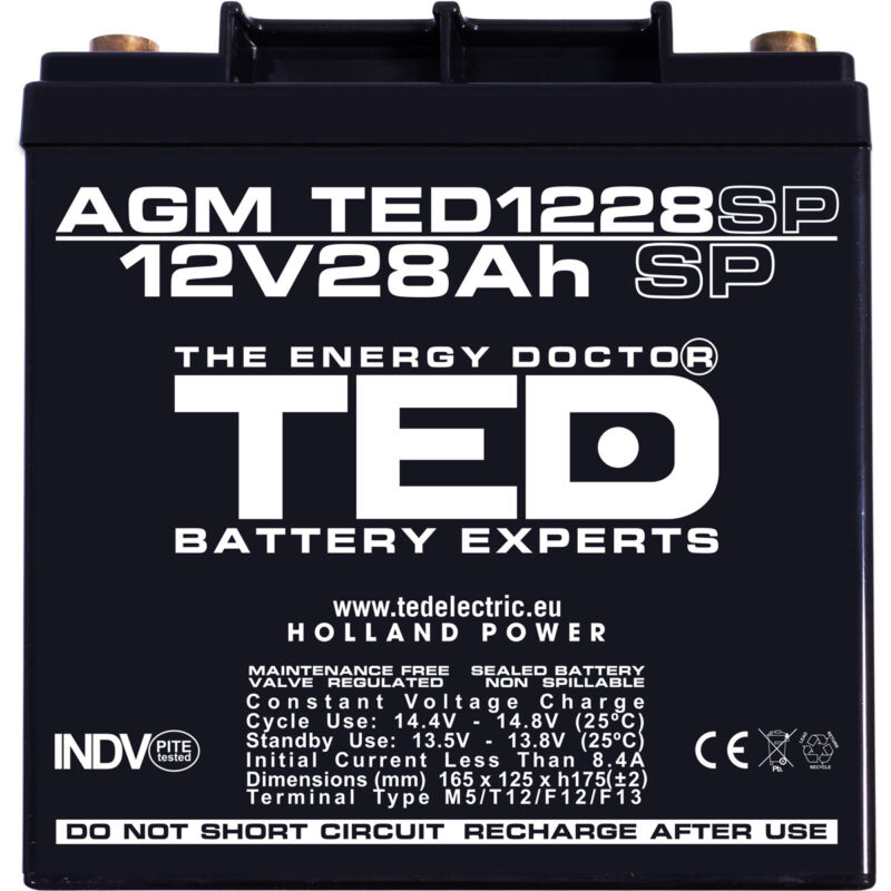 12V 28Ah AGM Battery TED1228SP - VRLA / Rechargeable - TED Electric - Image 3