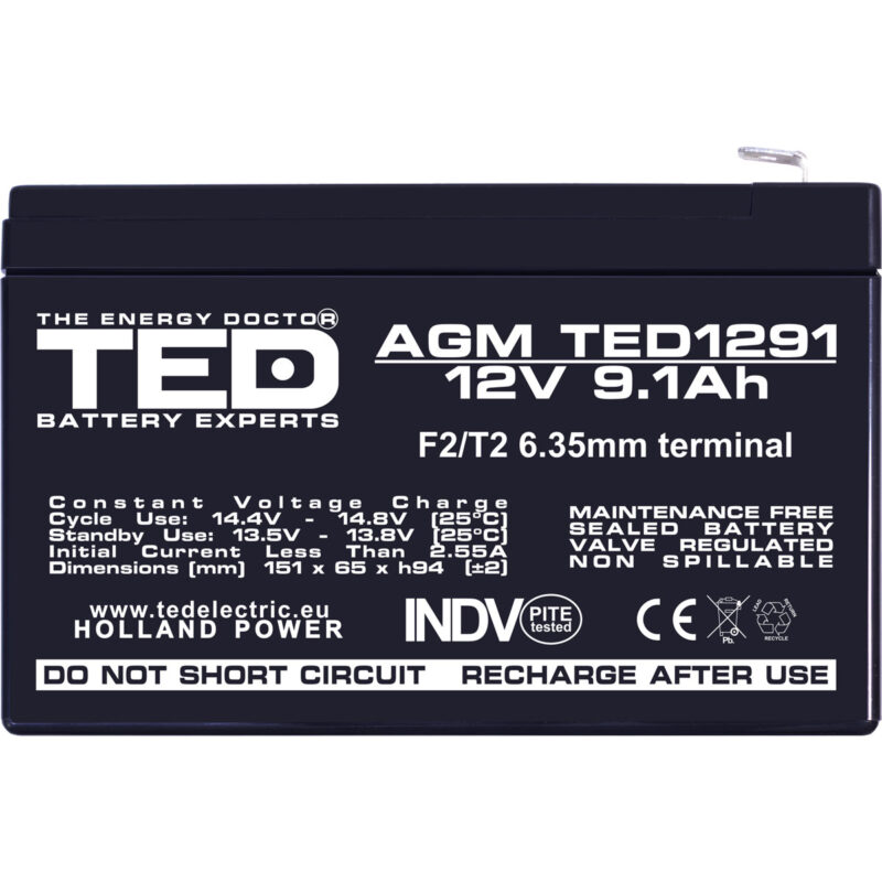 12V 9.1Ah AGM Battery TED1291 - VRLA / Rechargeable - TED Electric - Image 3