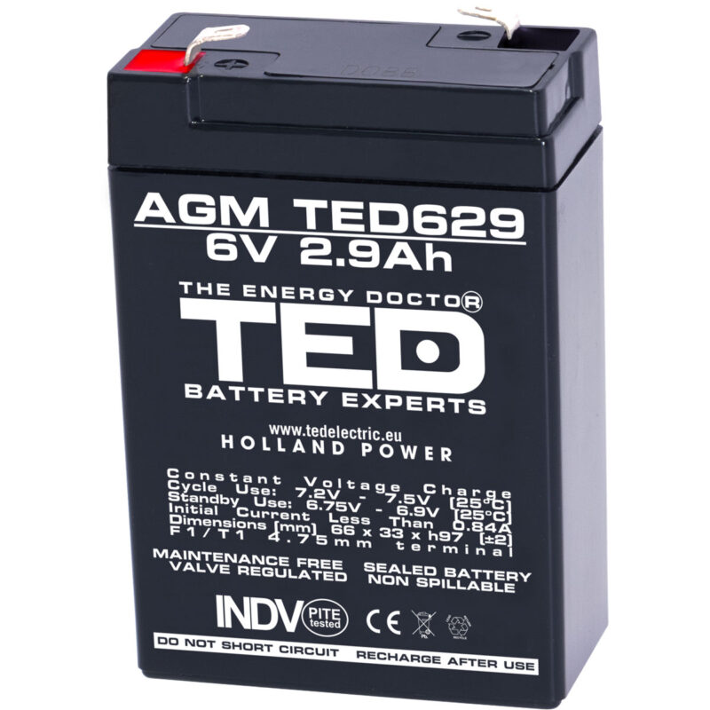 6V 2.9Ah AGM Battery TED629 - VRLA / Rechargeable - TED Electric