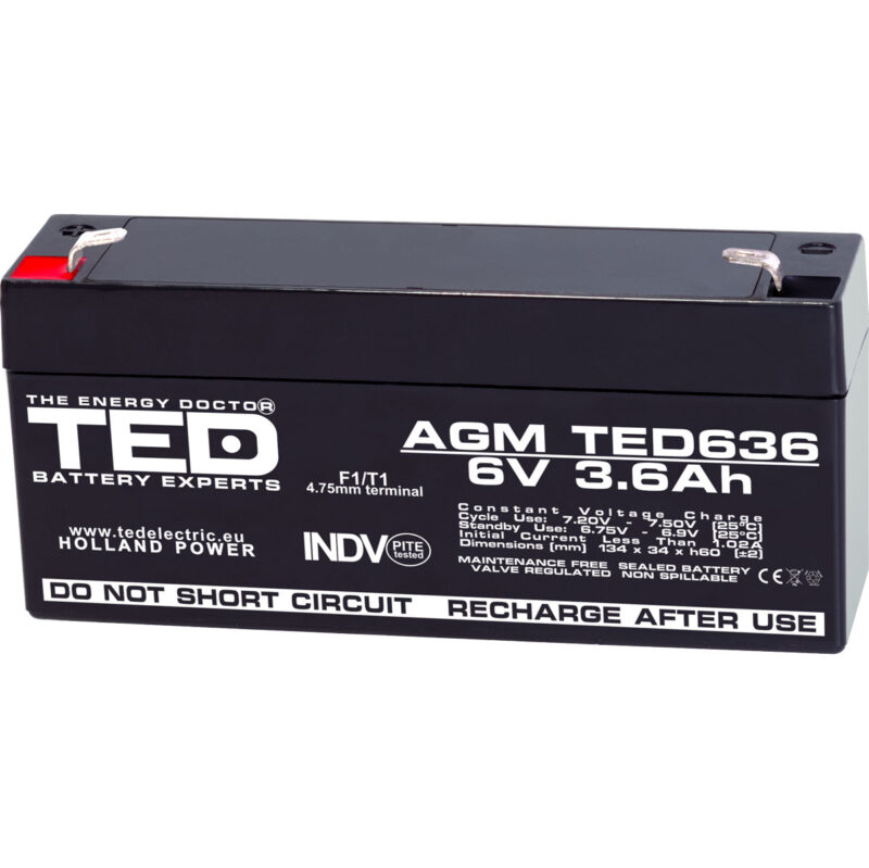 6V 3.6Ah AGM Battery TED636 - VRLA / Rechargeable - TED Electric