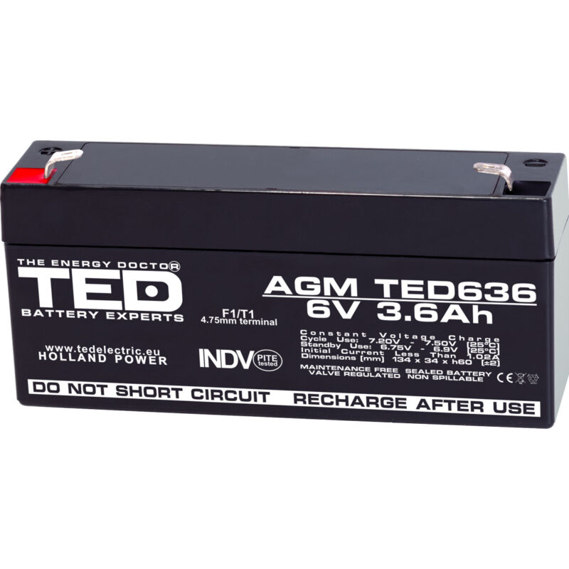 6V 3.6Ah AGM Battery TED636 - VRLA / Rechargeable - TED Electric