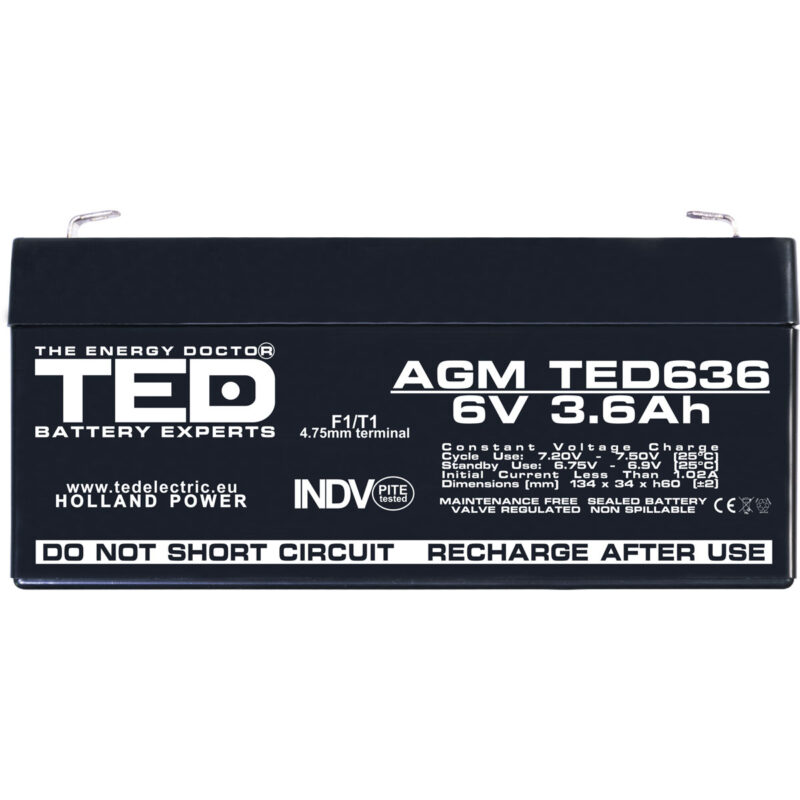 6V 3.6Ah AGM Battery TED636 - VRLA / Rechargeable - TED Electric - Image 3