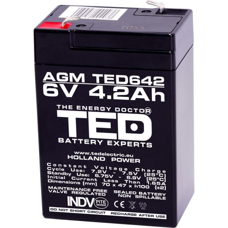 6V 4.2Ah AGM Battery TED642 - VRLA / Rechargeable - TED Electric