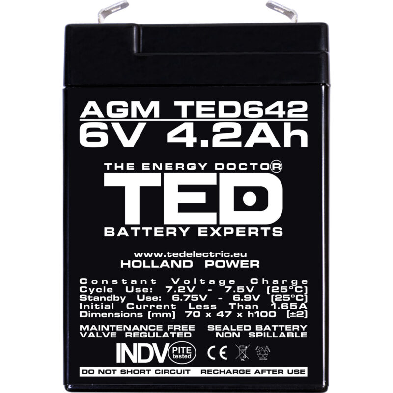 6V 4.2Ah AGM Battery TED642 - VRLA / Rechargeable - TED Electric - Image 3