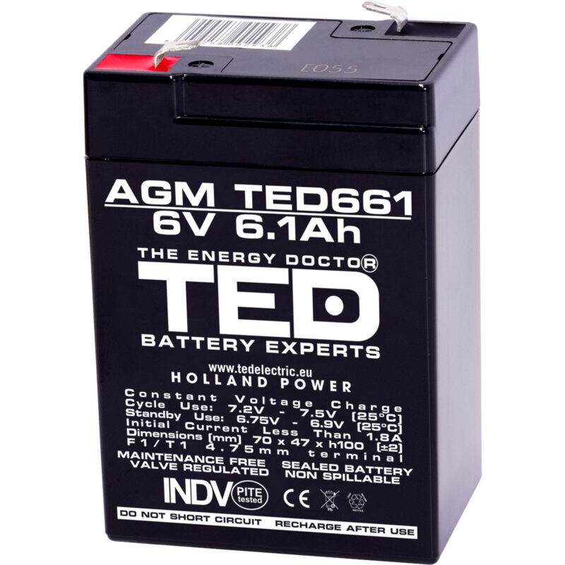 6V 6.1Ah AGM Battery TED661 - VRLA / Rechargeable - TED Electric