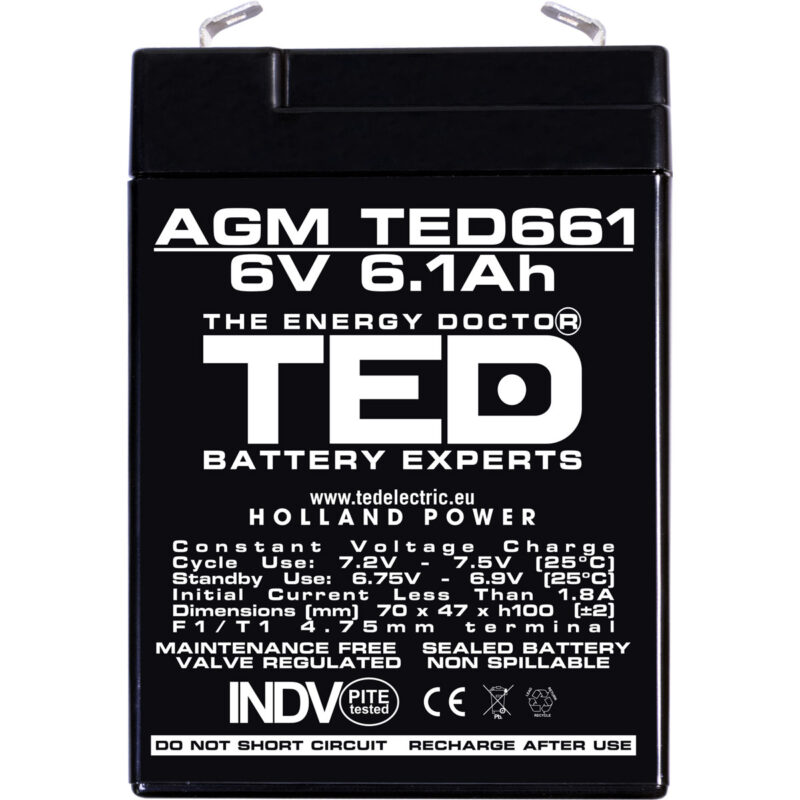 6V 6.1Ah AGM Battery TED661 - VRLA / Rechargeable - TED Electric - Image 3