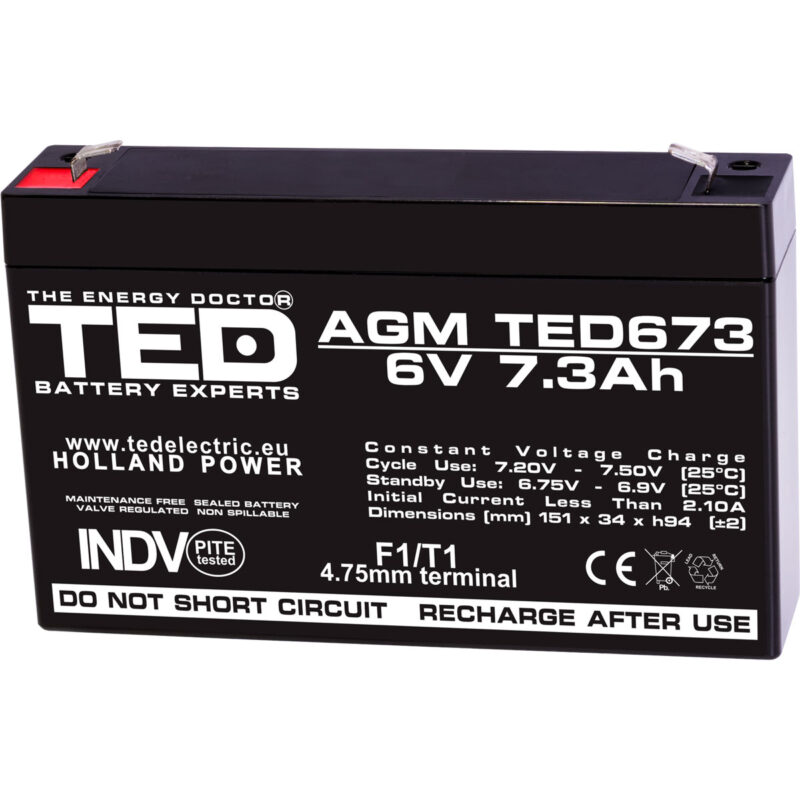 6V 7.3Ah AGM Battery TED673 - VRLA / Rechargeable - TED Electric