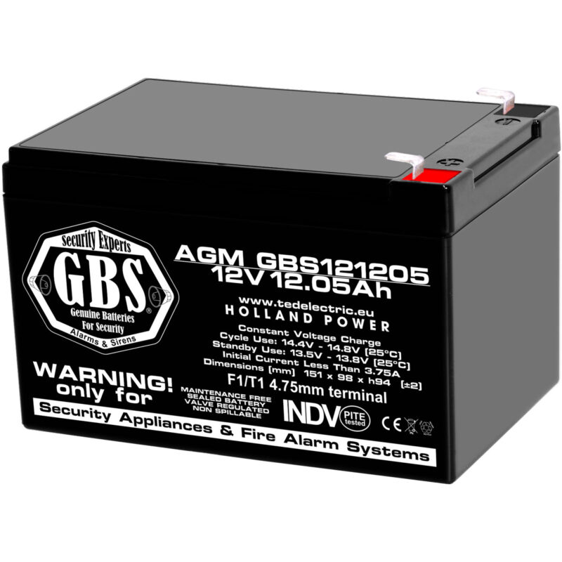 12V 12.05Ah AGM Battery GBS121205 - VRLA / Recharageable / for security systems - Ted Electric
