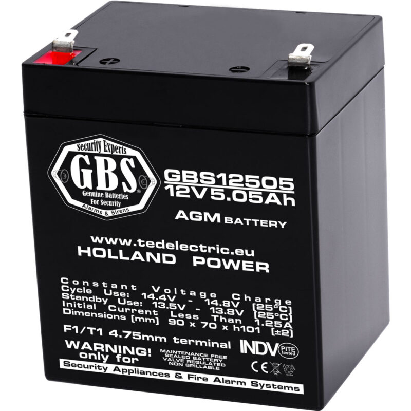 12V 5.05Ah AGM Battery GBS12505 - VRLA / Recharageable / for security systems - Ted Electric