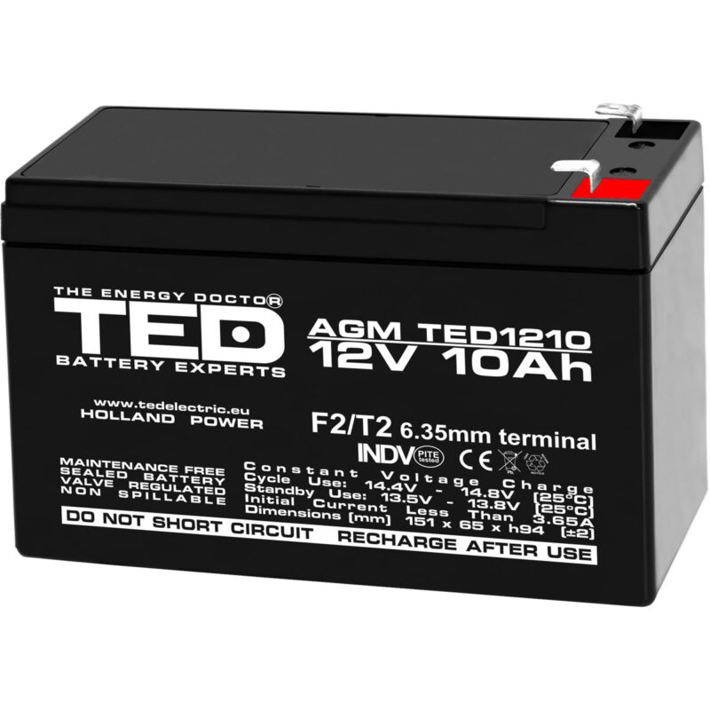 12V 10Ah AGM Battery TED1210 - VRLA / Rechargeable - TED Electric