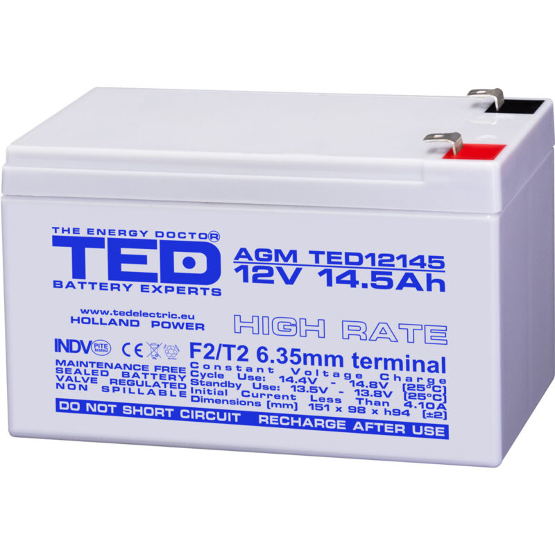 12V 14.5Ah AGM High Rate TED12145 - VRLA / Rechargeable - TED Electric