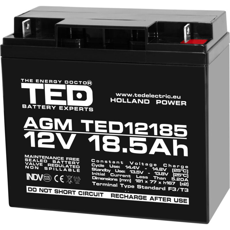 12V 18.5Ah AGM Battery TED12185 - VRLA / Rechargeable - TED Electric