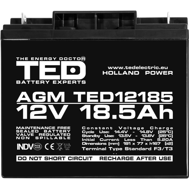 12V 18.5Ah AGM Battery TED12185 - VRLA / Rechargeable - TED Electric - Image 3