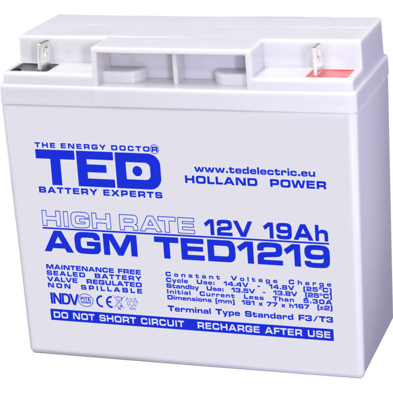 12V 19Ah AGM High Rate TED1219 - VRLA / Rechargeable - TED Electric