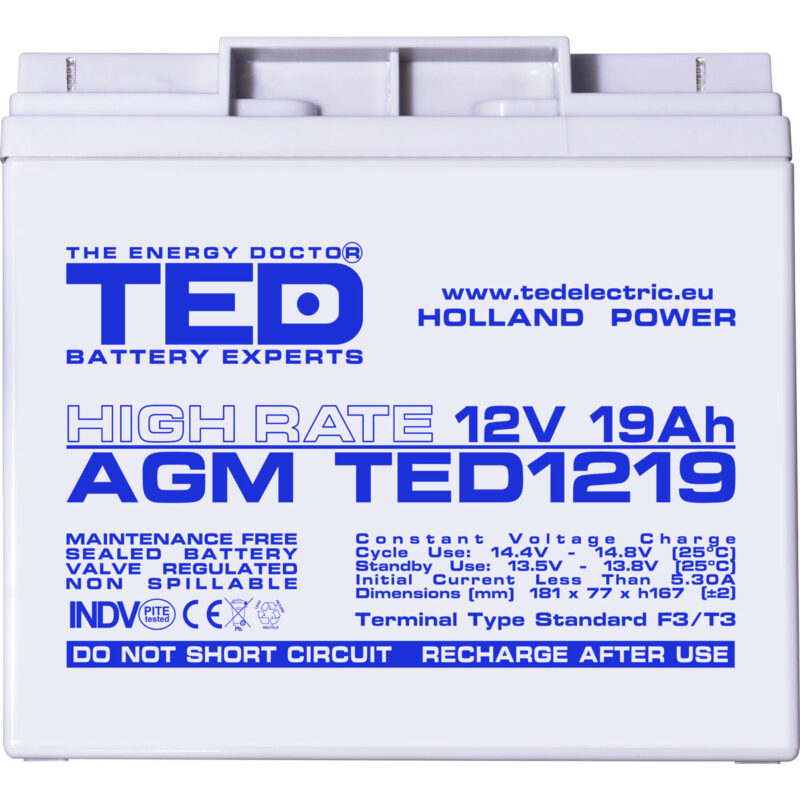 12V 19Ah AGM High Rate TED1219 - VRLA / Rechargeable - TED Electric - Image 3
