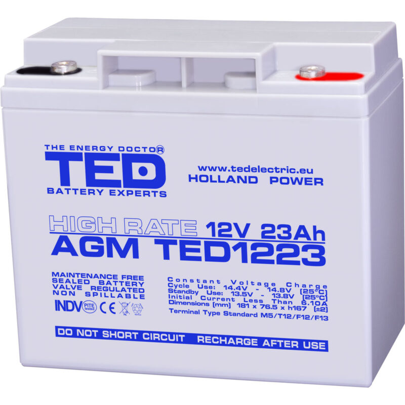 12V 23Ah AGM High Rate TED1223 - VRLA / Rechargeable - TED Electric