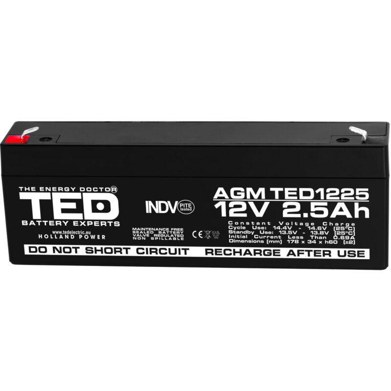 12V 2.5Ah AGM Battery TED1225 - VRLA / Rechargeable - TED Electric