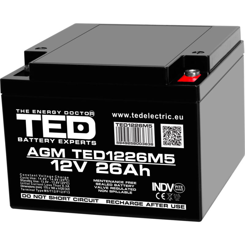 12V 26Ah AGM Battery TED1226 - VRLA / Rechargeable - TED Electric