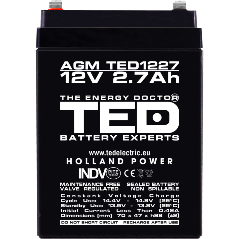 12V 2.7Ah AGM Battery TED1227 - VRLA / Rechargeable - TED Electric - Image 3