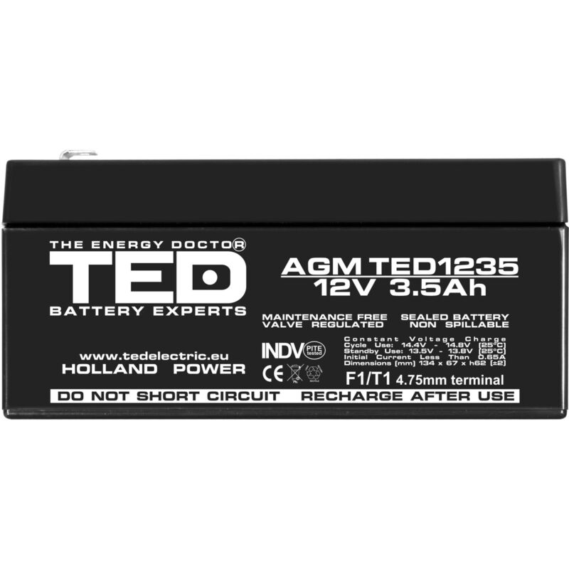12V 3.5Ah AGM Battery TED1235 - VRLA / Rechargeable - TED Electric - Image 3