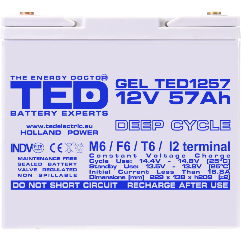12V 57Ah GEL Deep Cycle TED1257 - VRLA / Rechargeable -TED Electric - Image 3