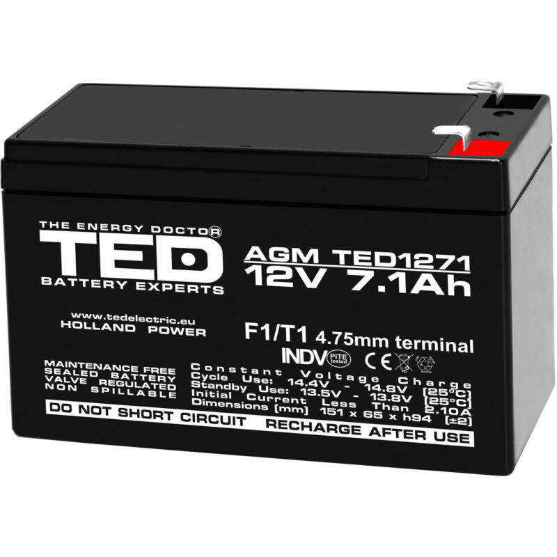 12V 7.1Ah AGM Battery TED1271F1 - VRLA / Rechargeable - TED Electric